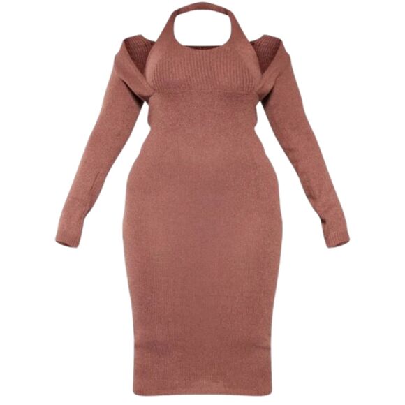 Pretty Little Thing NWT Plus Chocolate Halter neck Knitted Midi Dress Size XXXL - Picture 4 of 4